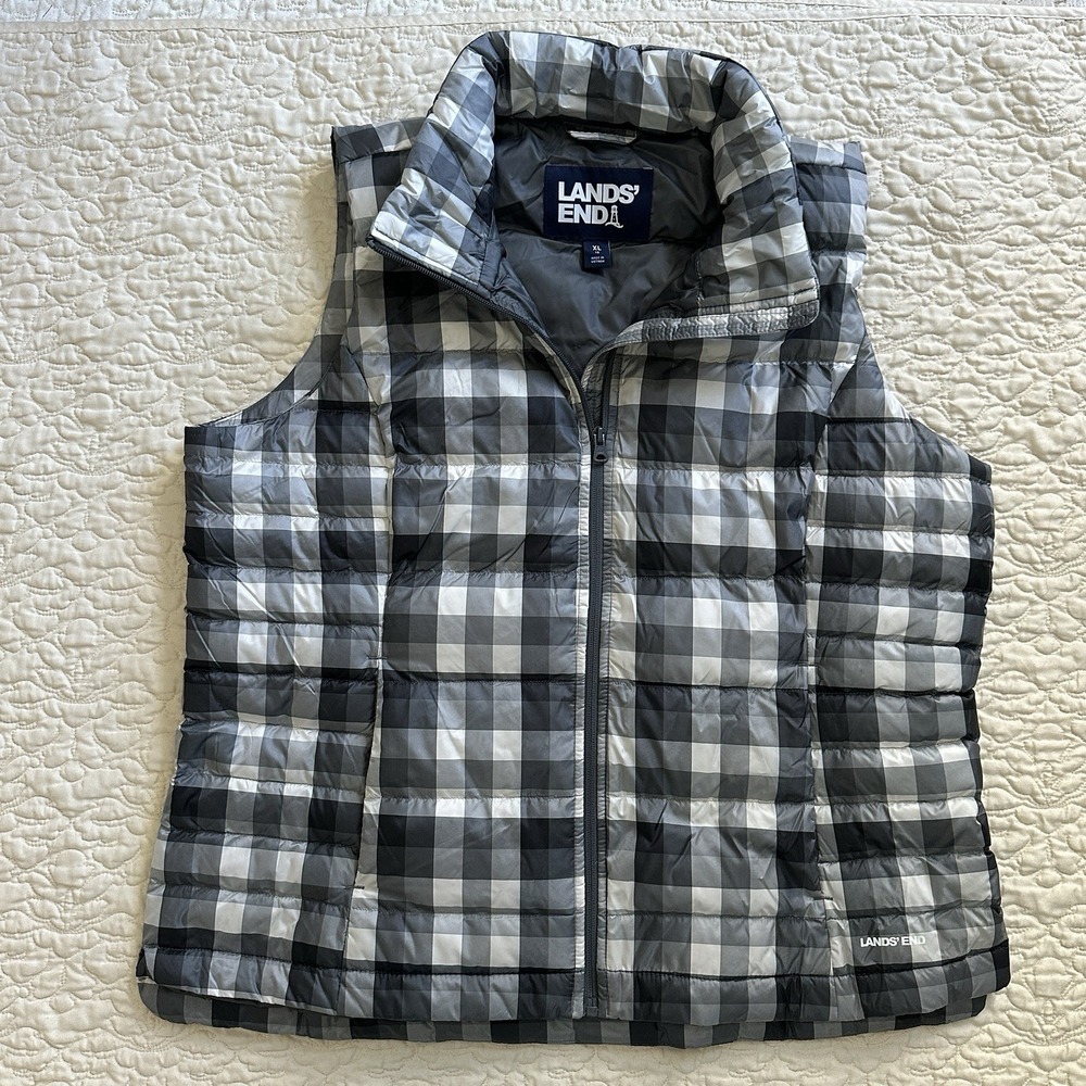 Lands End Plaid  Down Feather Fill Puffer Vest Women's XL Full Zip Winter‎ Snow